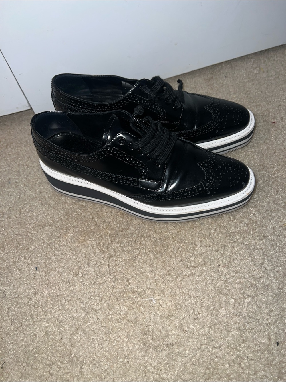 Prada Black Patent Leather Wingtip Oxfords with White Sole - Picture 2 of 4